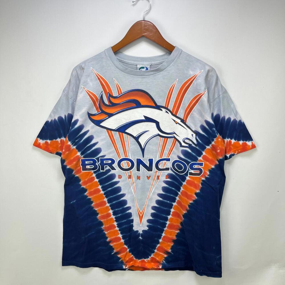 Vintage 90s Denver Broncos Liquid Blue Tie Dye T Shirt Large